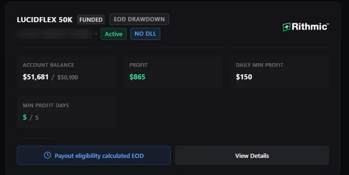 LucidFlex 50K funded account showing a $51,681 balance, $865 profit and five of five minimum profit days